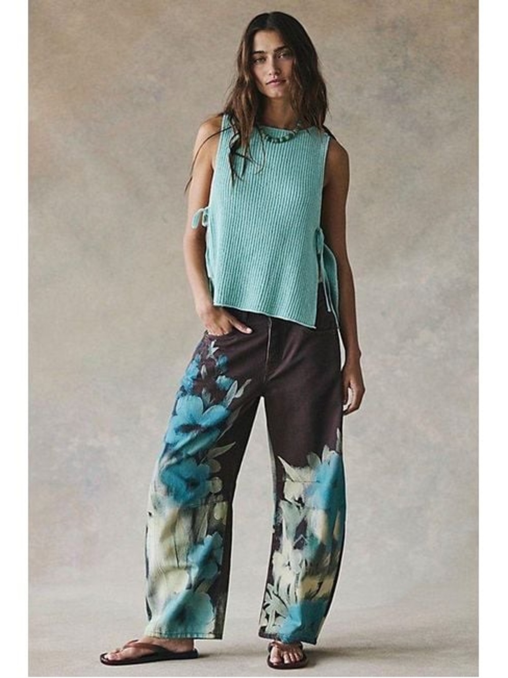 Free People Wide-Leg Painterly Floral Pants in Teal & Brown